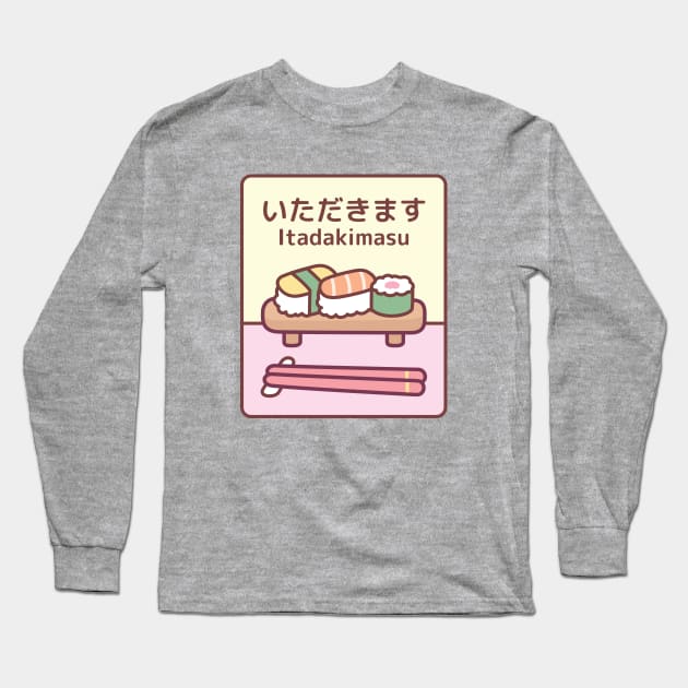 Plate Of Japanese Sushi With Chopsticks Itadakimasu Long Sleeve T-Shirt by rustydoodle